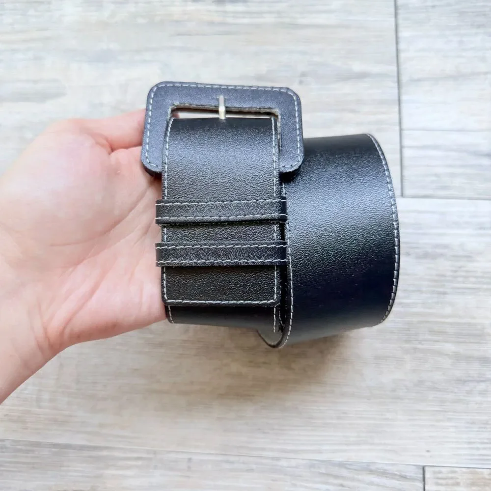 Vintage Wide Black Leather Belt Square Covered Buckle Size 30 Minimalist